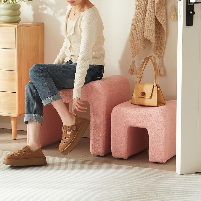 Ottoman Set of 2 Vanity Stool Chair Seating Backless Modern Foot Rest Teddy Velvet Small Footstool Ottoman for Makeup Room Living Room Bedroom Entryway,(2-in-1) Pink