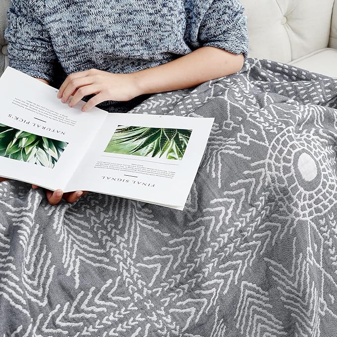 jinchan Boho 100% Cotton Muslin 50x60 Throw Blanket Lightweight 3 Layer Grey Blanket Washable Reversible Breathable Decorative Geometric Striped Patterned Gray Soft Cozy for Sofa Bed All Season Gift
