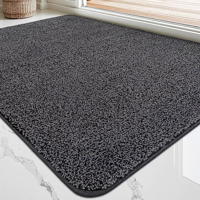 LUMI Front Door Mat 24x36, Super Absorbent Washable Doormat, Non Slip Dirt Trapper Inside Floor Mats for Entrance, Entryway, Patio,Black Mixed Gray