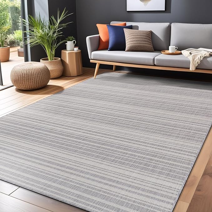Stripe Outdoor Rug 9x12 Washable Outside Carpet for Indoor Patio Porch Waterproof Easy Cleaning Non Shedding Area Rugs Gray 9 x 12