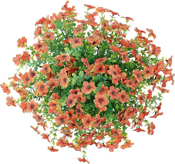 10 Bundles Artificial Faux Flowers for Outdoor,10Pcs Fake Flowers for Home Decor,Plastic Flowers Shrubs Lifelike Artificial Greenery Home Porch Stems Outside Deco(Orange)