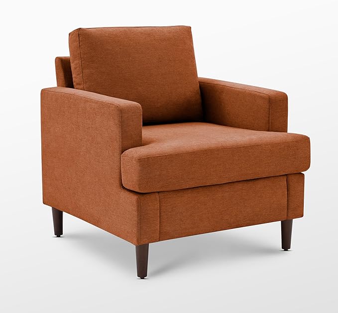 Mid-Century Accent Chair,Modern Linen Fabric Armchair for Living Room,Comfy Upholstered Reading Accent Chairs for Bedroom,Single Sofa Chair with Wood Legs (Orange, 1 Pack)