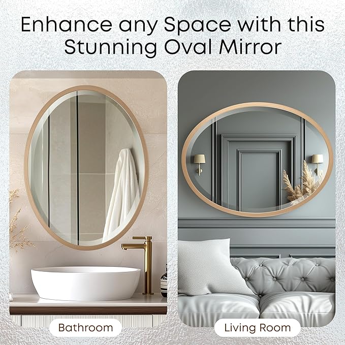 OVALCREST - Oval Wooden Beveled Wall Mirror for Home Decor, Bathroom, Vanity, Bedroom, Living Room, Hallway - London Style (Gold Spray) 25.1 x 37.1