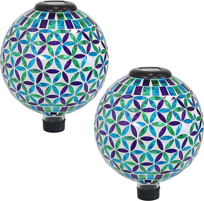 Sunnydaze Cool Blooms 10" Mosaic Glass Garden Gazing Globe with LED Solar Light - Set of 2