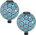 Sunnydaze Cool Blooms 10" Mosaic Glass Garden Gazing Globe with LED Solar Light - Set of 2