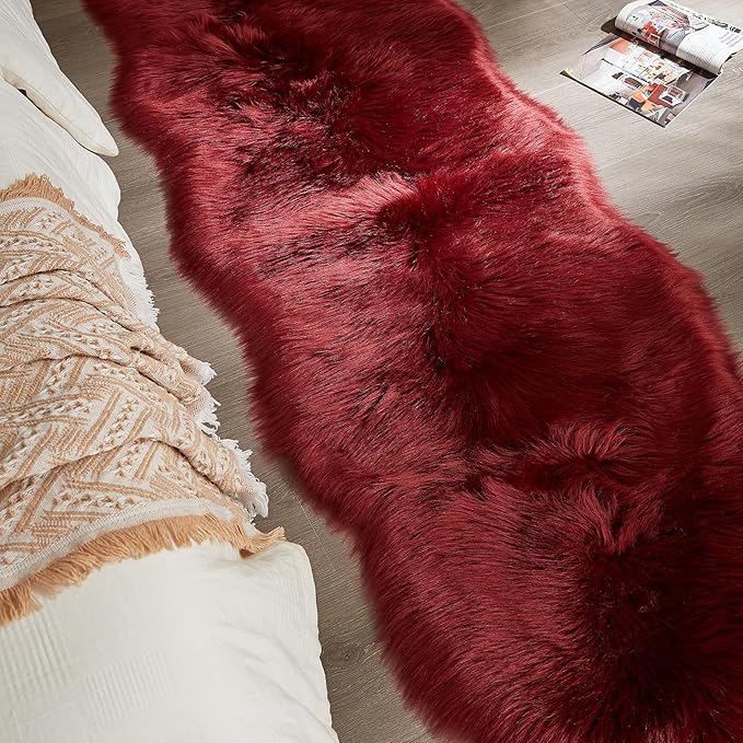 AMTOVO Faux Sheepskin Rug, Burgundy Ultra Soft Fluffy Shag Area Rug, 2 x 6 ft Faux Fur Rug for Bedroom Sofa Throw Cushion Room Decor, Sheepskin