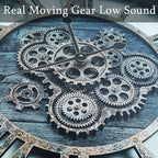 30 Inch Industrial Steampunk Wall Clock, Gray, Battery Operated, Real Rotating Gears, Solid Wood Frame, Oversized Wall Clock for Living Room Decor