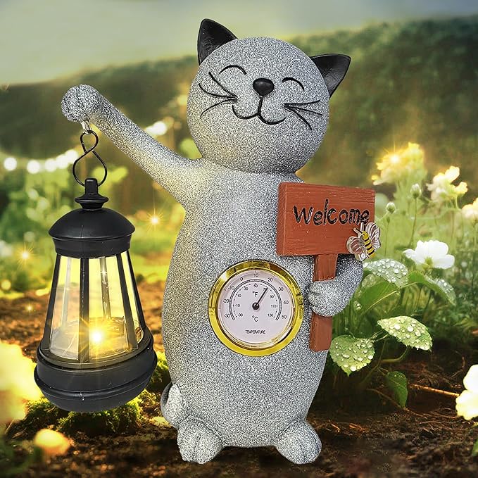 Solar Cat Outdoor Statues for Garden-Creative Thermometer-Lantern-Welcome Sign, Suitable for Yard Art, Lawn Ornaments, Porch, Terrace, Alcove, Home, House Outdoor, Cat Garden Decoration