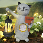 Solar Cat Outdoor Statues for Garden-Creative Thermometer-Lantern-Welcome Sign, Suitable for Yard Art, Lawn Ornaments, Porch, Terrace, Alcove, Home, House Outdoor, Cat Garden Decoration