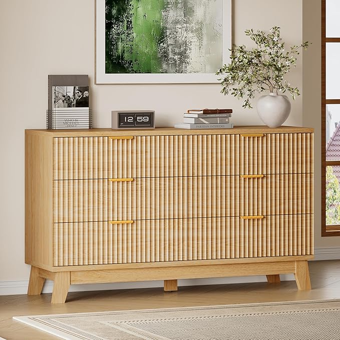 53" Long Dresser for Bedroom, 6-Drawer Dresser with Fluted Fronts, Wide Wood Chest of Drawers, Smooth Metal Slides, Stable Base, Modern Clothes Storage Cabinet for Living Room, Hallway
