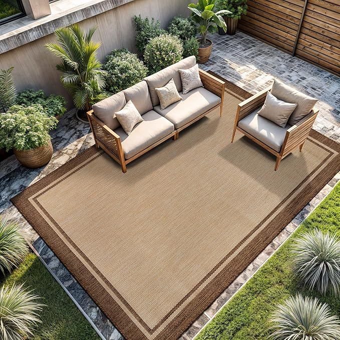 CAMILSON Outdoor Rug 9x12 Bordered Natural Brown Modern Area Rugs for Indoor and Outdoor Patios, Kitchen and Hallway Mats, Washable Porch Deck Outside Carpet (Border Jute, 9 x 12)