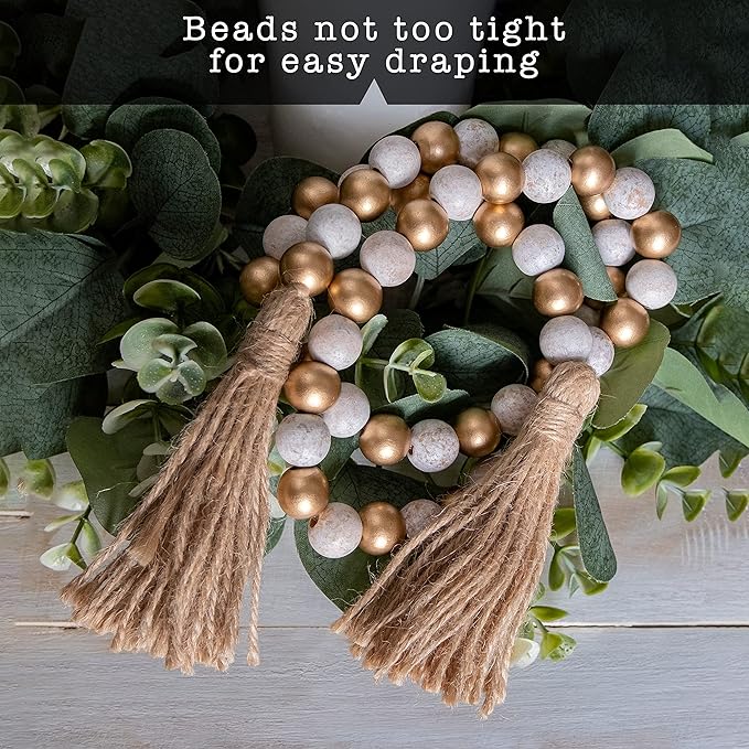 Wooden Bead Garland Decor, Farmhouse Boho Tassel Garland Wood Beads