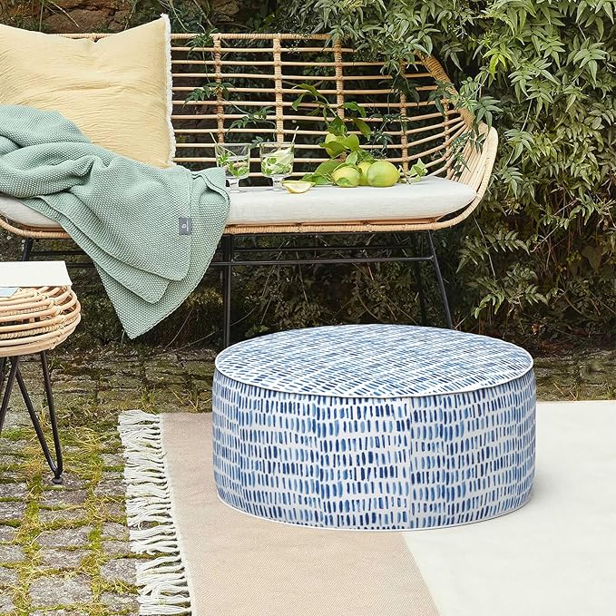 LVTXIII Outdoor Inflatable Ottoman Stool, Patio Water Repellent Footrest Stool with Handle, Portable Outside Round Ottoman for Patio Garden, Camping or Home Use, 21"x21"x9", Blue Pebble