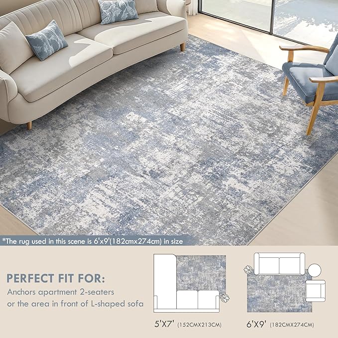 Tortania Washable 5x7 Area Rug for Living Room: Modern Abstract Neutral Large Soft Thin Rugs - Non Slip Indoor Carpet for Bedroom Dining Room Office Nursery Home Floor Decoration - Blue Grey