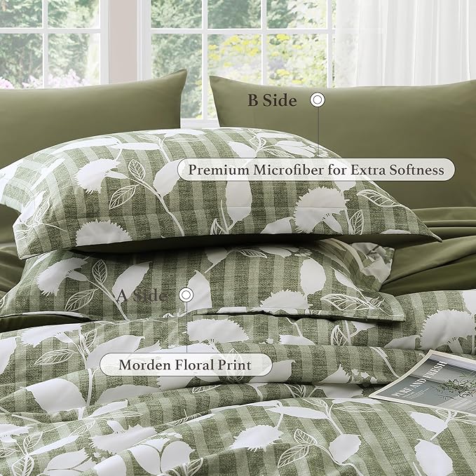 King Comforter Set -7 Pieces Olive Green Floral Comforter Set for All Seasons, Bed in a Bag King with Botanical Flowers Comforter, Sheets, Pillowcases & Shams