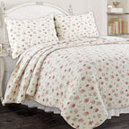 Cozy Line Home Fashions Pink Rose Garden Floral 100% Cotton Reversible Coverlet Bedspread Quilt Bedding Set (Ivory Rose, King - 3 Piece)