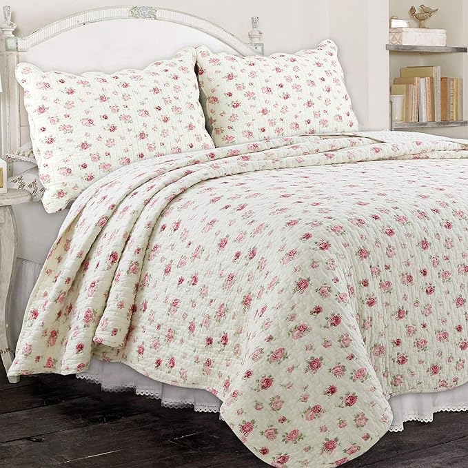 Cozy Line Home Fashions Pink Rose Garden Floral 100% Cotton Reversible Coverlet Bedspread Quilt Bedding Set (Ivory Rose, King - 3 Piece)