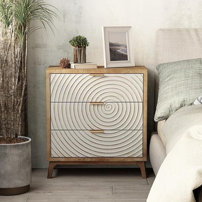 LONYKE Farmhouse 3 Drawer Dresser X 2P, White Nightstand with Handcrafted Wood Ring Motif for Bedroom, Rustic & Natural, Fully Assembled, Boho
