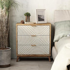 LONYKE Farmhouse 3 Drawer Dresser X 2P, White Nightstand with Handcrafted Wood Ring Motif for Bedroom, Rustic & Natural, Fully Assembled, Boho
