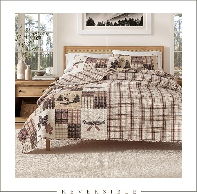 Great Bay Home Lodge Bedspread King Size Quilt with 2 Shams. Cabin 3-Piece Reversible All Season Quilt Set. Rustic Quilt Coverlet Bed Set. Redwood Collection.