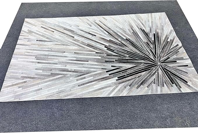 Faux Cowhide Area Rug | Radiating Starburst Pattern Non-Slip Leather Carpet for Western, Farmhouse & Modern Home Décor – Living Room, Bedroom & Office Accent(Grey_10x14)