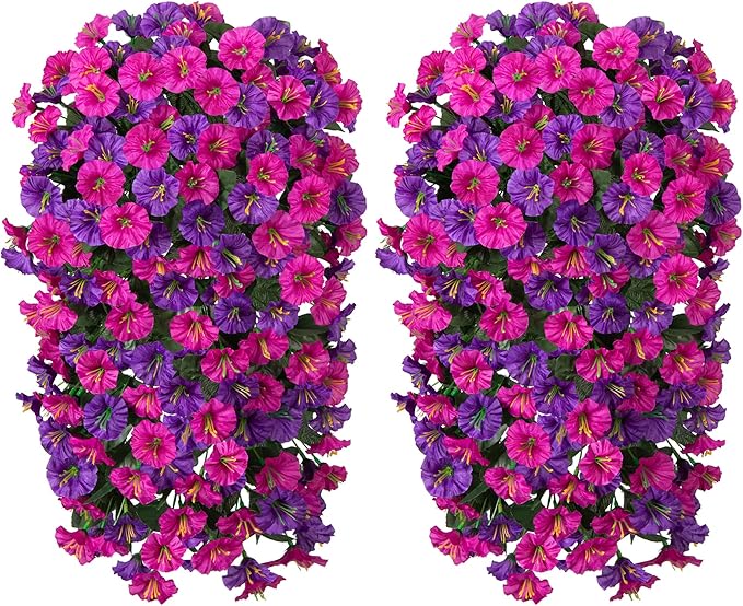 Artificial Fake Fall Hanging Plants Flowers for Outdoor 2 PCS Faux Silk Morning Glory Vines Stems UV Resistant for Wall Home Porch Patio Party Wedding Decor (Dark Purple and Fuchsia)