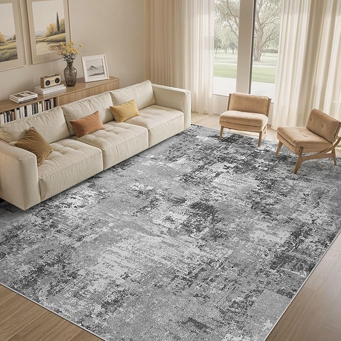 Tortania Washable 10x13 Area Rug for Living Room: Modern Abstract Neutral Large Soft Thin Rugs - Non Slip Indoor Carpet for Bedroom Dining Room Office Nursery Home Floor Decoration - Grey