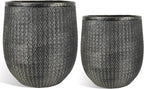 Worth Garden Large Round Planters Set of 2 (14.5"x17.5" & 12" x15“) - Lightweight Magnesium Oxide Cement Plant Pot with Texture - Concrete Look with Drainage Hole – Indoor & Outdoor Use - Black Gold