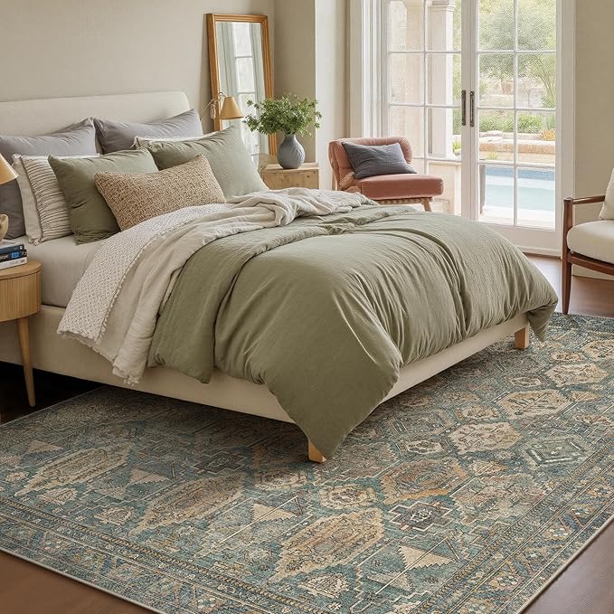 GENIMO 8x10 Area Rugs for Living Room, Machine Washable Non Slip Vintage Rugs, Low Pile Lightweight Chenille Print Rug for Bedroom, Dining Room, Home Office, Sage Teal