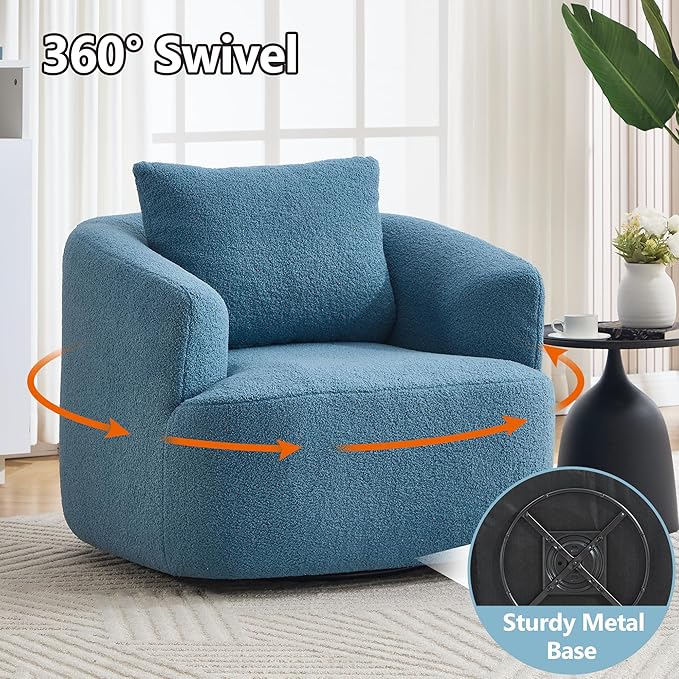 Swivel Accent Chair,360° Rotating Barrel Chair,Teddy Fleece High-Resilience Sponge Single Sofa, Easy Assembly for Living Room, Bedroom, Apartment Blue