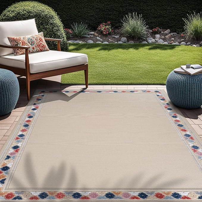 Beverly Rug Outdoor Rug 9x12 Modern Bordered Large Area Rugs for Indoor and Outdoor Patio Easy to Clean Non Shedding Living Room Porch Garden Washable Outside Carpet (9 x 12 Beige)
