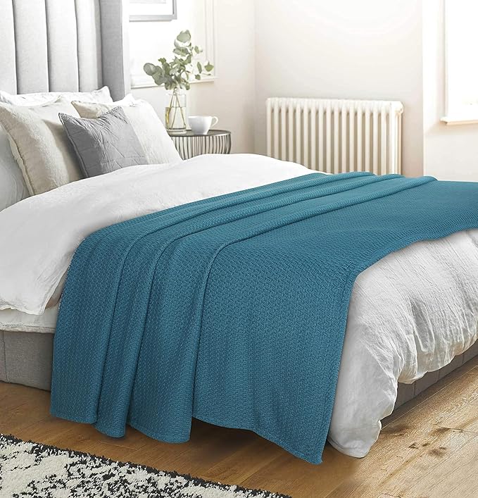 Elvana Home 100% Cotton Bed Blanket, Breathable Bed Blanket Full - Queen Size, Cotton Thermal Blankets Full - Queen, Perfect for Layering Any Bed for All Season, Teal Green