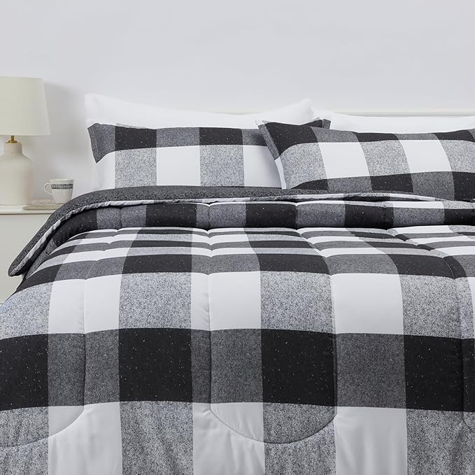 Amazon Basics Lightweight Microfiber Comforter Sets, 3-Pieces, Black/White, Checkerboard, King