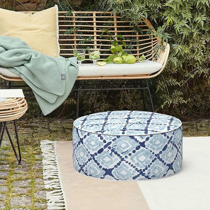 LVTXIII Inflatable Stool Ottoman Footrest with Handle, Decorative Fade-Resistant Foot Stool, Indoor or Outdoor Pouf for Home Garden and Camping Use, 21x21x9, Boho Geometry Blue