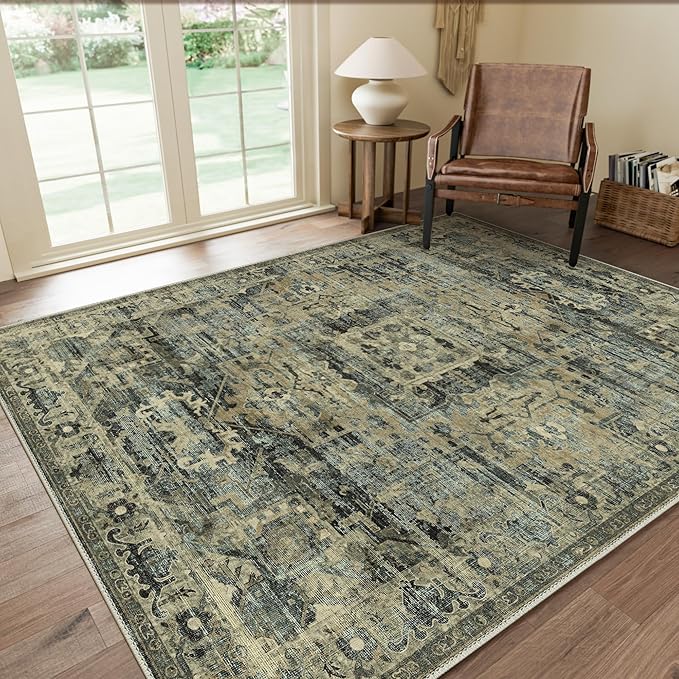 GENIMO Machine Washable 8x10 Area Rugs for Living Room, Non Slip Vintage Rugs, Low Pile Lightweight Chenille Print Rug for Bedroom, Dining Room, Home Office, Tawny Sage