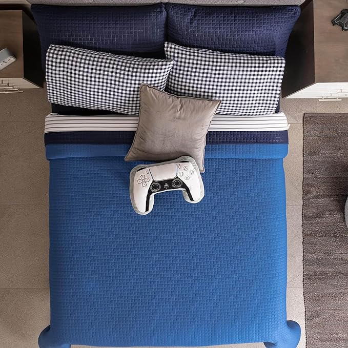 Vianney King Size Comforter 110x93 Inches Reversible Lightweight Quilt Blanket in Electric Blue and Navy Blue with Geometric Square Pattern for Stylish All-Season Bedding