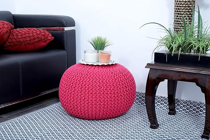 FRELISH DECOR Round Pouf Ottoman Hand Knitted 100% Cotton Pouf Foot Stool - Knitted Bean Bag - Floor Chair for Living Room - Bedroom Foot Rest for Couch (20 Diameter x 14 Height) - Dark Pink