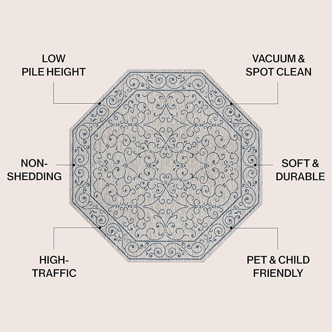 JONATHAN Y Vintage Filigree Indoor Outdoor Octagon Area Rug 5 Ft Gray/Navy, Charleston Textured Weave for Backyard, Patio, Porch, Easy-Cleaning, High Traffic, Pet-Friendly, Non-Shedding SMB106C-5TGN