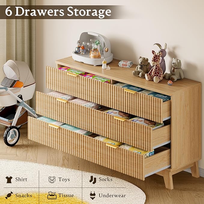 53" Long Dresser for Bedroom, 6-Drawer Dresser with Fluted Fronts, Wide Wood Chest of Drawers, Smooth Metal Slides, Stable Base, Modern Clothes Storage Cabinet for Living Room, Hallway