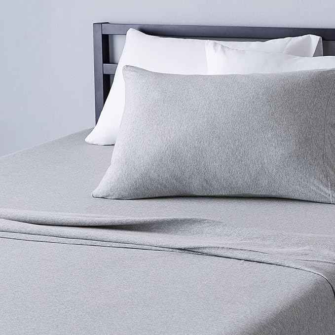 Amazon Basics 3 Piece Bed Sheets Set, 100% Cotton Jersey, Includes Super Soft, Flat and Fitted Sheets, Pillowcase, Twin, Light Gray, Solid