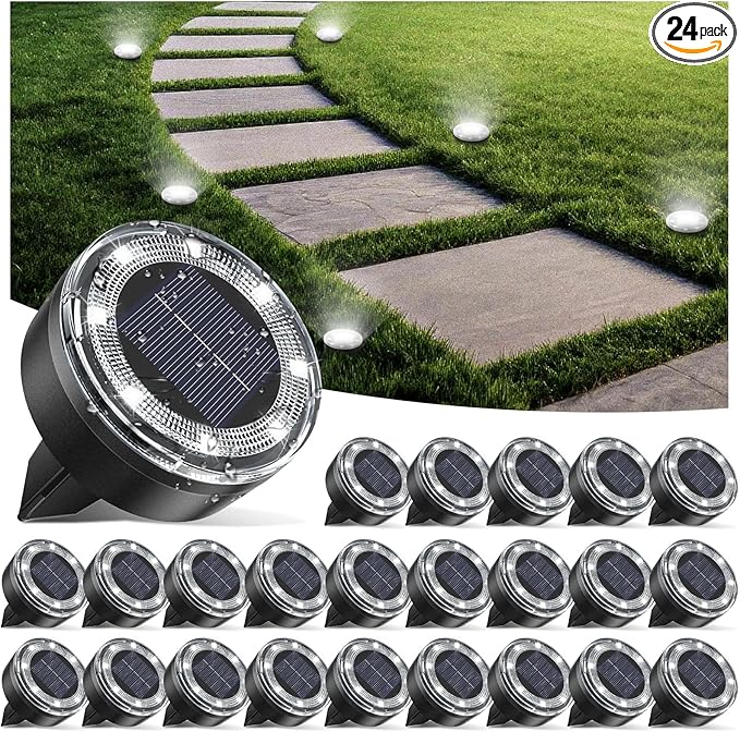 Mini Solar Ground Lights, 24 Pack Solar Lights Outdoor Waterproof, Upgraded LED Flat Landscape Lighting for Outside Pathway Garden Patio Yard Driveway,Cold White