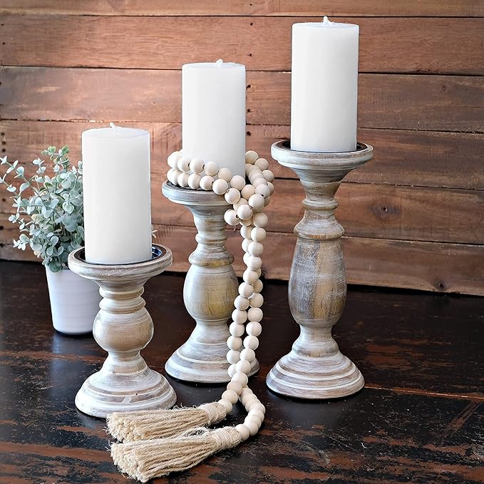 Candle Holders for Pillar Candles, Wooden Candleholders Table Centerpiece, Pillar Candle Holders Set of 3, Wood Rustic Farmhouse Fireplace White