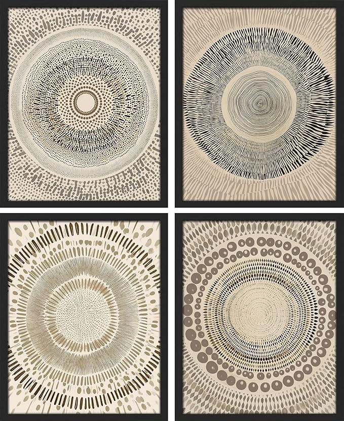 SIGNWIN Framed Art Beige Abstract Geometric Circle Stroke Minimalist Folk Boho Mid-Century Inspired Digital Print Decorative Zen Bedroom Relax Multicolor - 12"x16"x4 Black