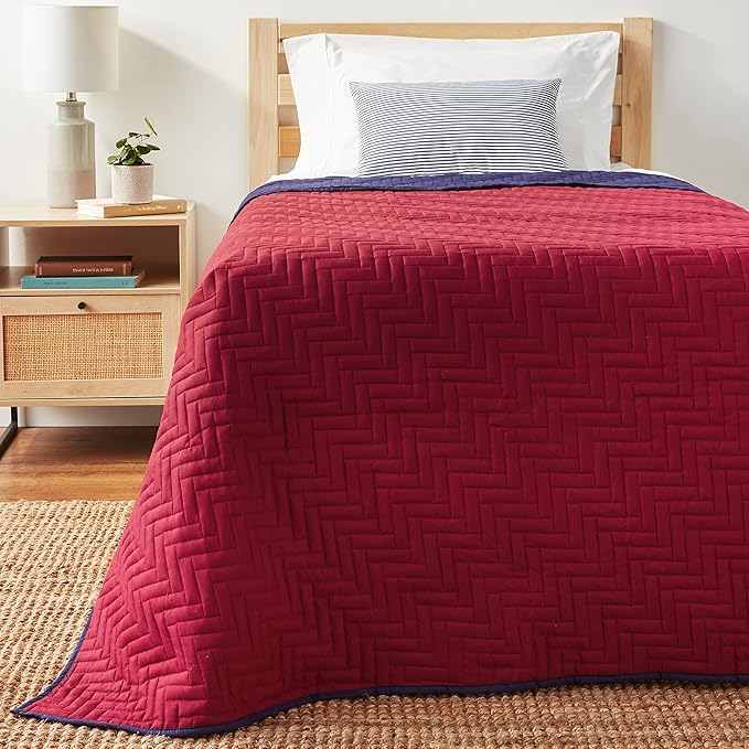 Martex Reversible Coverlet – Twin Bed Quilt – Lightweight Twin Size Bedding – Durable Quilts for Bed – Soft - Easy Care Bedding – Red/Navy