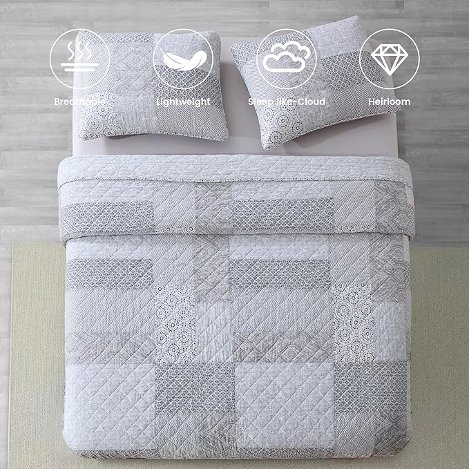 Secgo Queen Comforter Set for Bed - 100% Cotton Quilts Queen Size, Black Bedspreads (90 * 98 Inch) with 2 Pillow Shams, Patchwork Reversible Lightweight Bedding