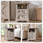 Farmhouse Nightstand with Charging Station, 18" End Table with 2 Drawers Storage and 1 Storage Shelf, Wooden Side Table w/Roman Column, Bedside Cabinet for Bedroom, Living Room, Light Rustic Oak