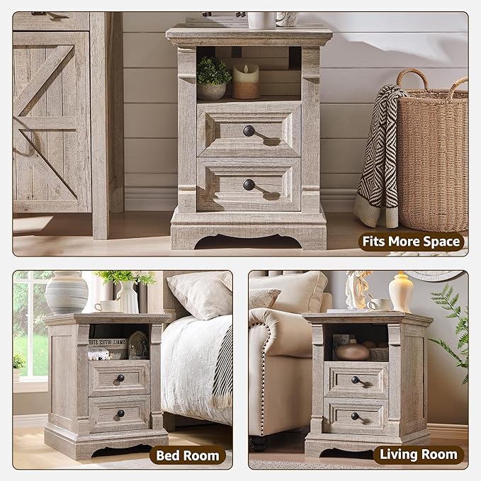 Farmhouse Nightstand with Charging Station, 18" End Table with 2 Drawers Storage and 1 Storage Shelf, Wooden Side Table w/Roman Column, Bedside Cabinet for Bedroom, Living Room, Light Rustic Oak