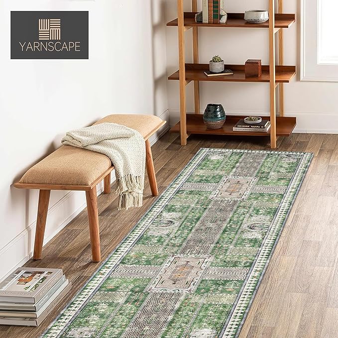 Vintage 2'6'' x 8' Washable Area Rug - Stylish Indoor Rug for Living, Dining or Bedroom - Lightweight Carpet with Non-Slip Backing - Foldable for Easy Placement and Maintenance - Green