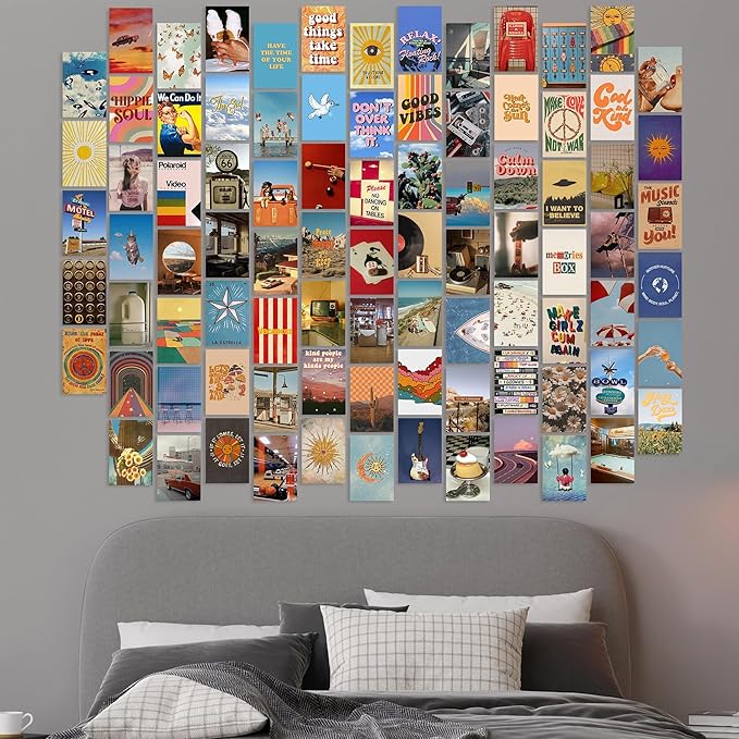 Y2K BOO Hippie Aesthetic Wall Collage Kit – 100 Multicolor Boho Retro Photos, 4"x6" Semi-Gloss Prints for Teen Girls Dorm Room Decor, Vintage 70s Wall Art, Birthday & Graduation Gift