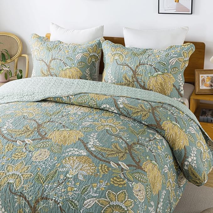 Travan 3-Piece Quilt Set Quilted Bedspread Cotton Coverlet Set Floral Printed Oversized Quilted Bedding Set with Shams for All Season, Green Vine, King Size